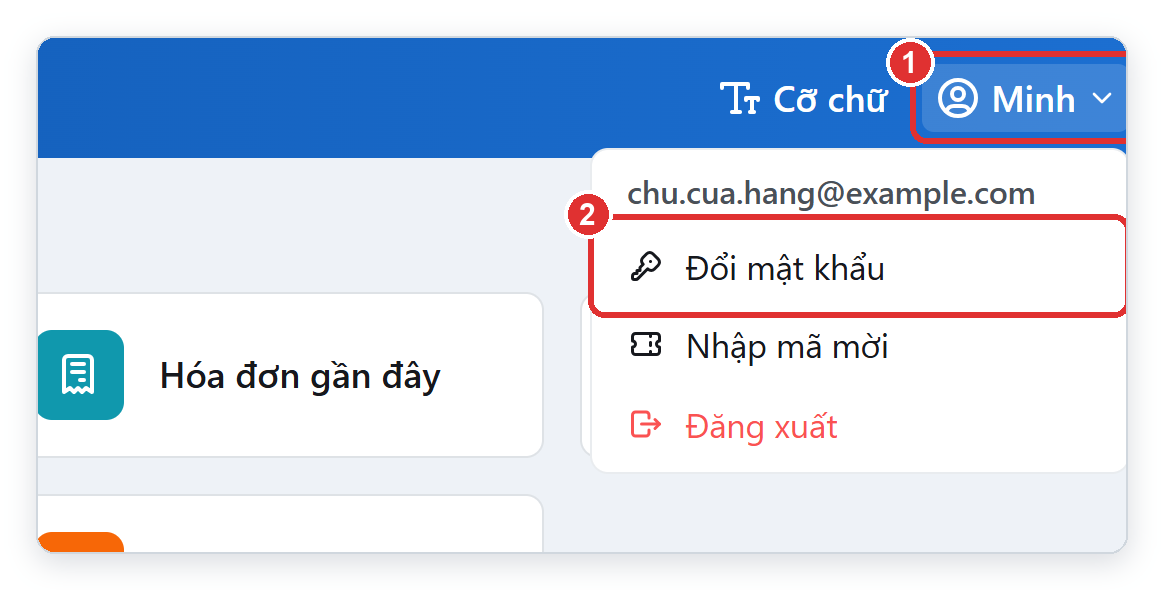 Menu tài khoản TPSoft Web - chọn Đổi mật khẩu