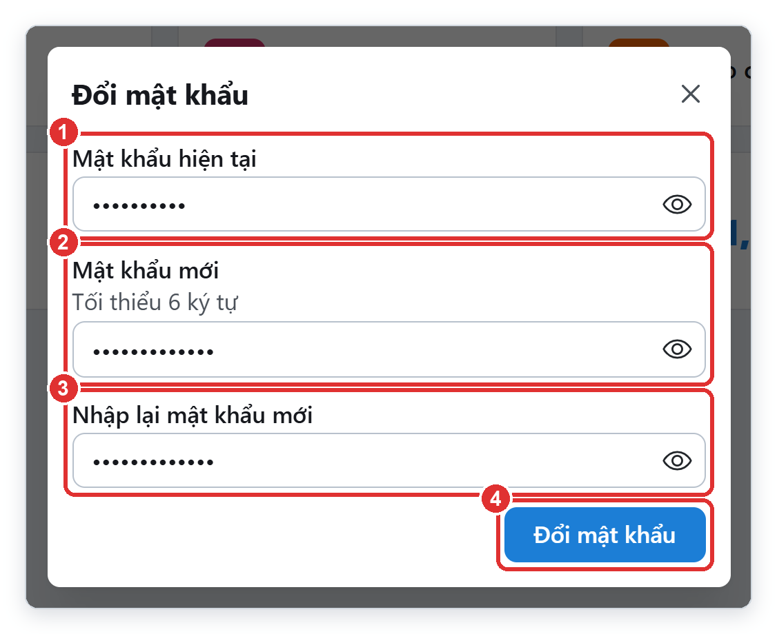 Hộp Đổi mật khẩu TPSoft Web: mật khẩu hiện tại, mật khẩu mới, nhập lại