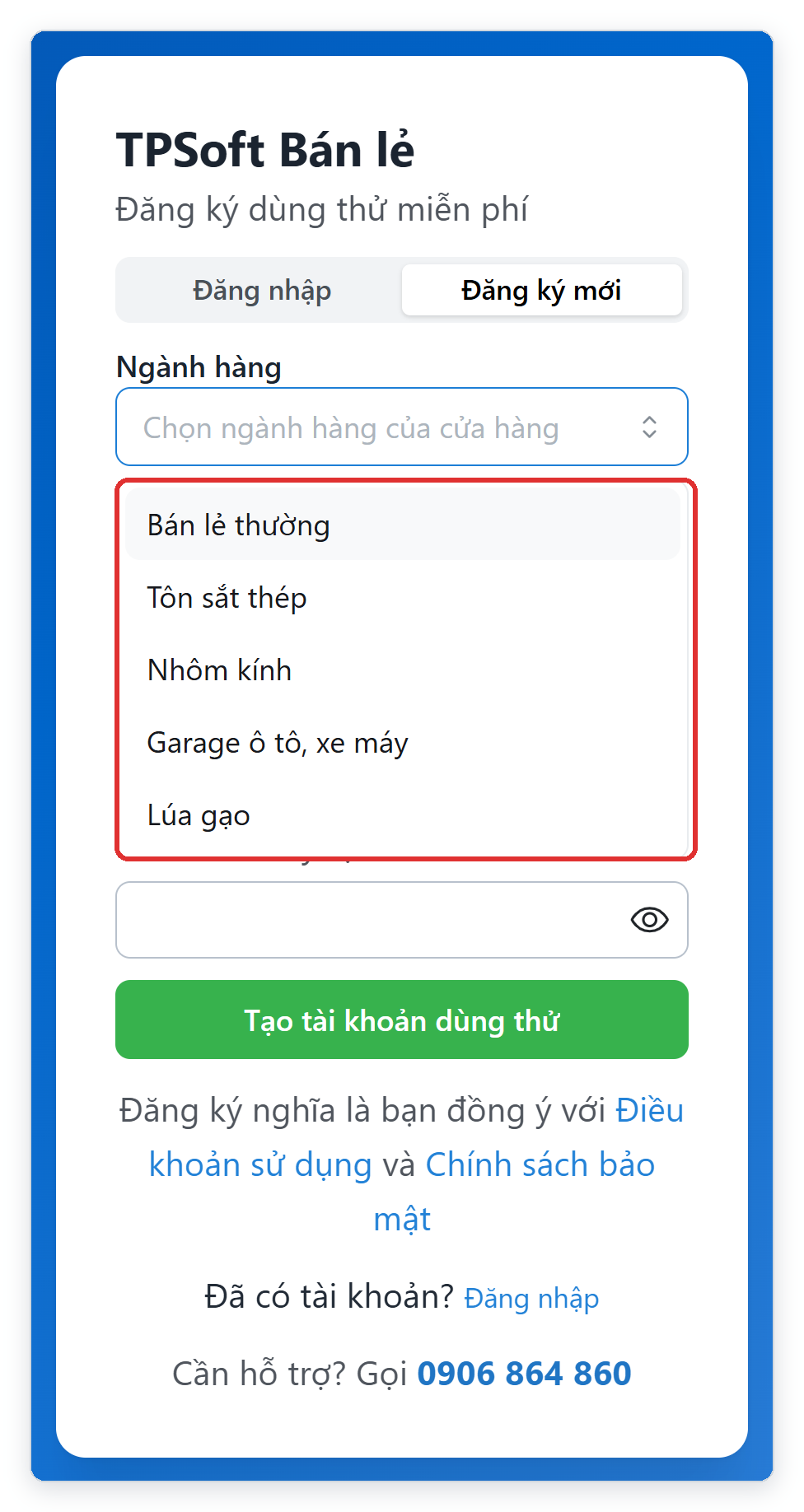 Danh sách ngành hàng khi đăng ký TPSoft Web
