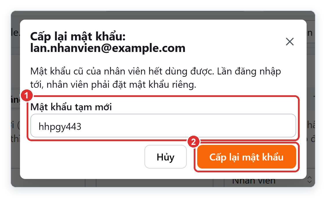 Hộp cấp lại mật khẩu cho nhân viên với mật khẩu tạm