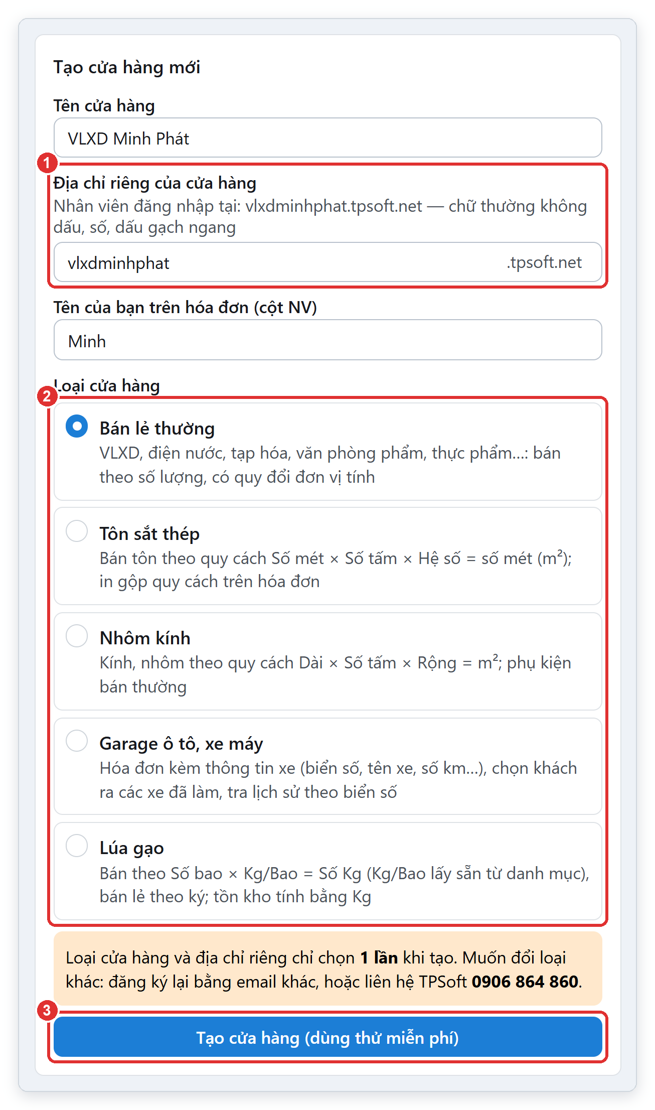 Tạo cửa hàng mới và chọn loại cửa hàng trong TPSoft Web
