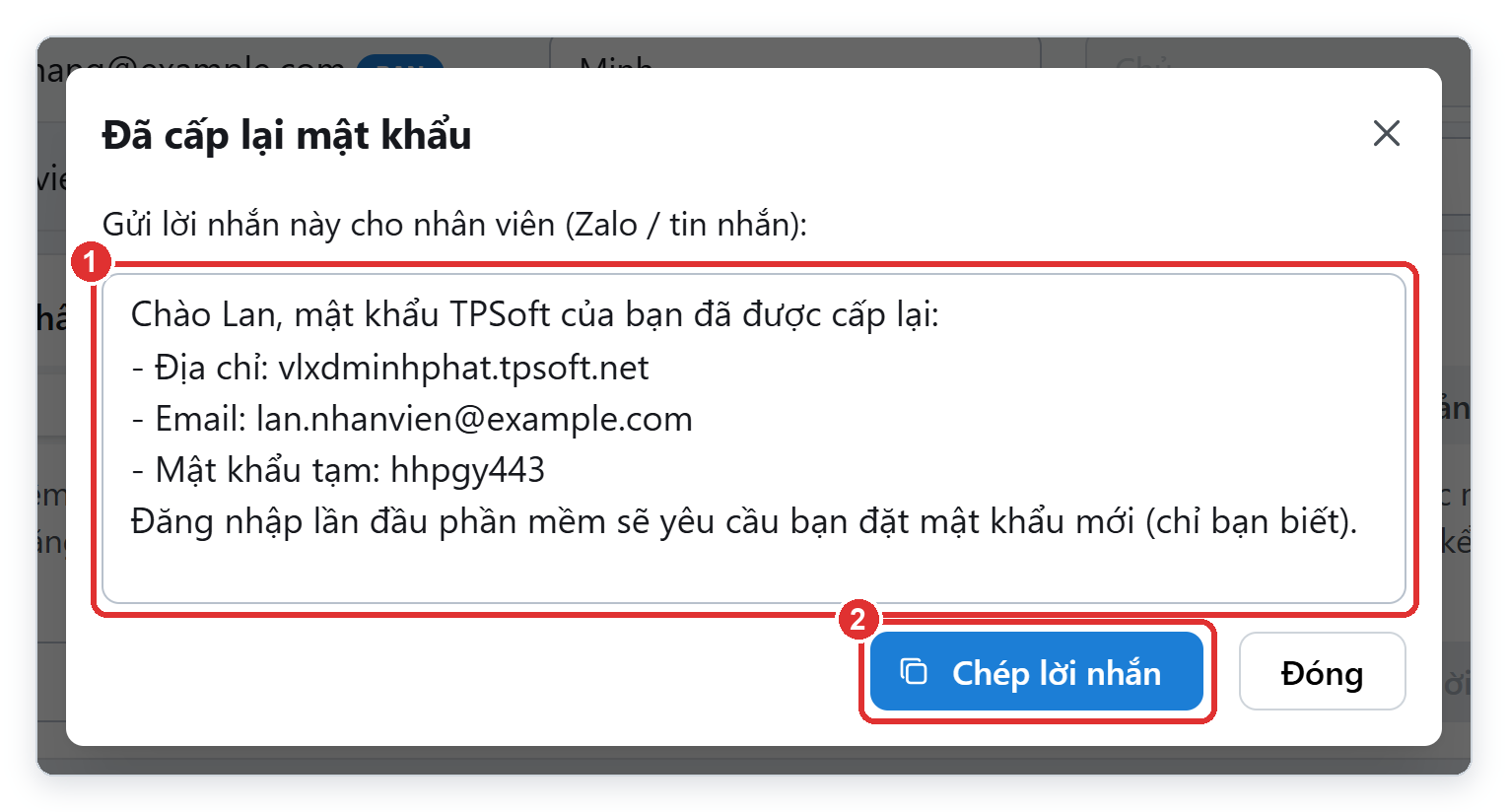 Lời nhắn gửi nhân viên sau khi cấp lại mật khẩu TPSoft Web