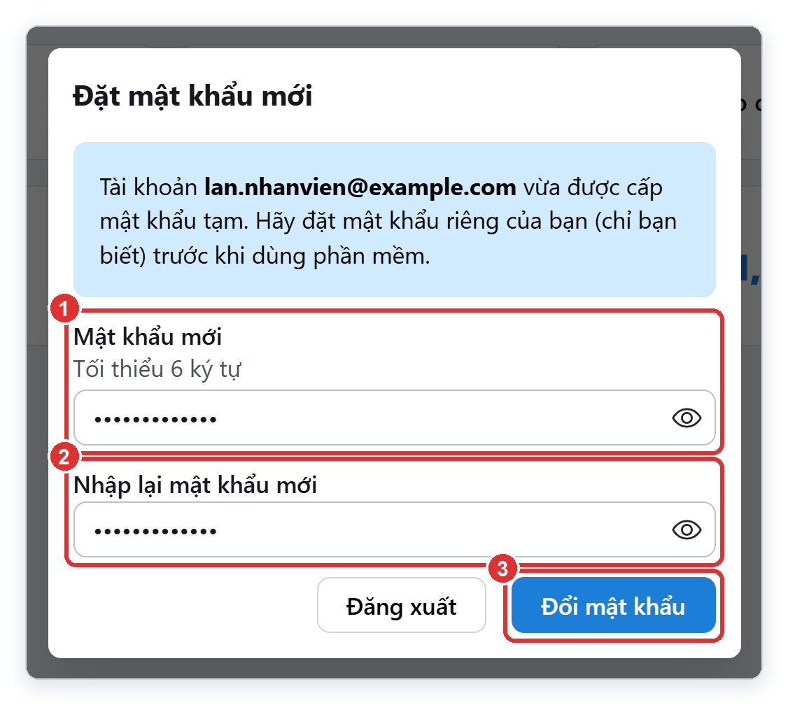 Đặt mật khẩu mới khi đăng nhập bằng mật khẩu tạm TPSoft Web