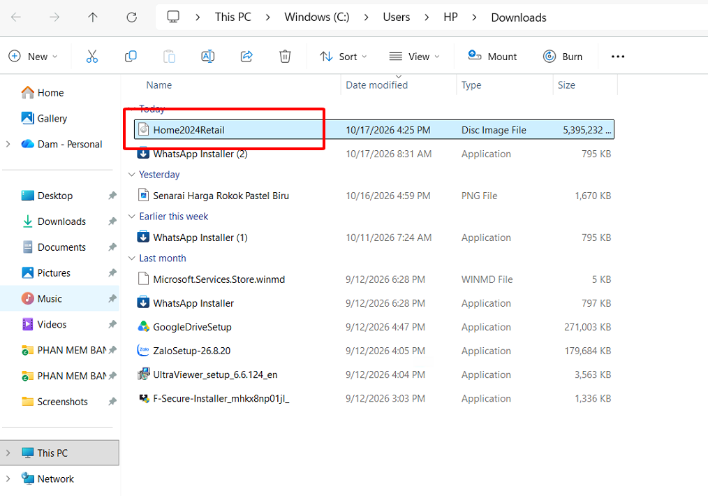 File ISO Home2024Retail (Disc Image File) trong thư mục Downloads trên Windows 11 tiếng Anh