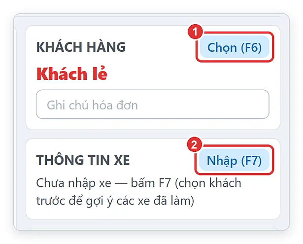 Thẻ Thông tin xe trên màn bán hàng của phần mềm garage TPSoft Web