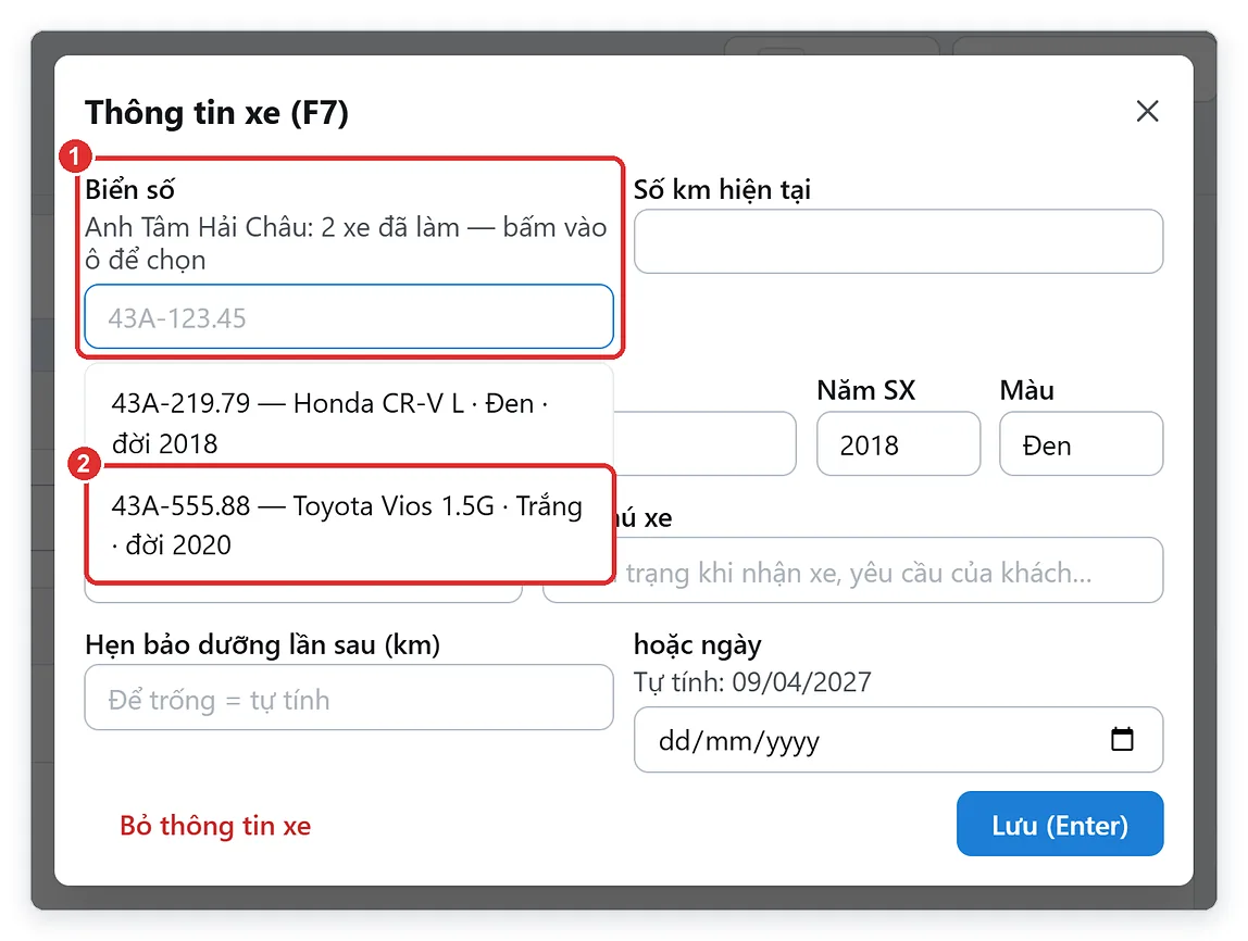 Chọn biển số xe của khách quen trong hộp Thông tin xe F7