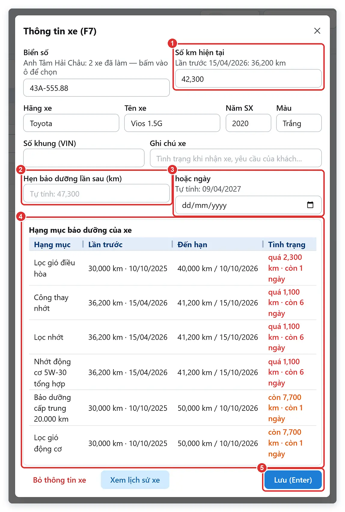 Nhập số km hiện tại, hẹn bảo dưỡng tự tính và các hạng mục đến hạn của xe