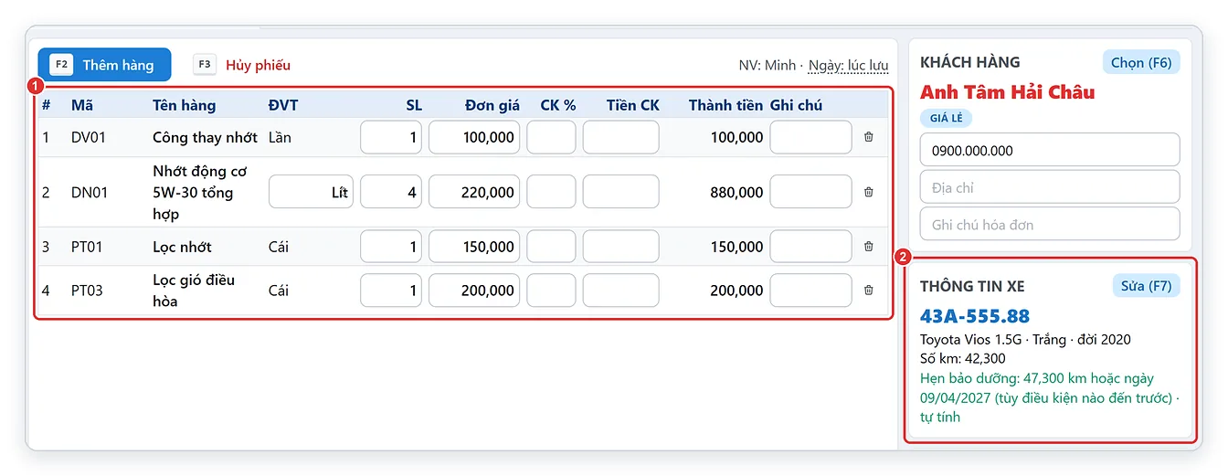 Hóa đơn sửa xe có biển số, số km và hẹn bảo dưỡng lần sau trên TPSoft Web