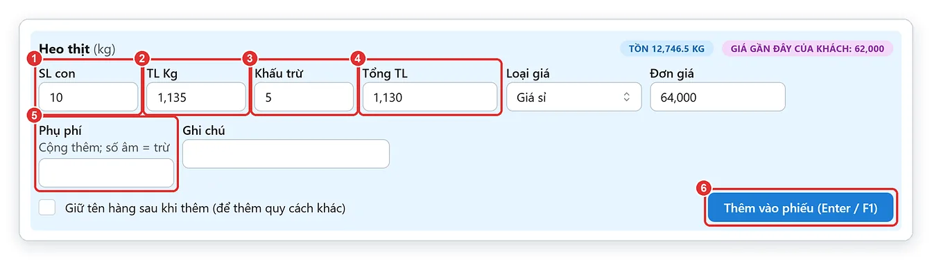 Hộp thêm hàng bán heo hơi trên TPSoft Web: SL con, TL Kg, khấu trừ, Tổng TL, phụ phí
