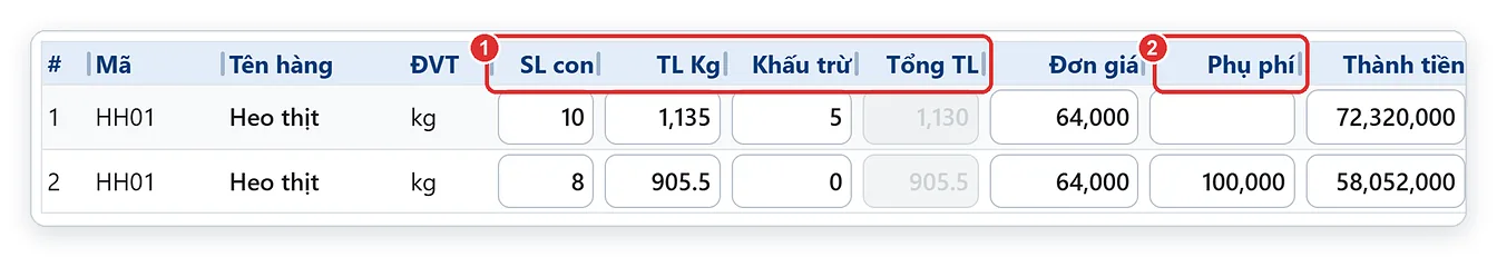 Phiếu bán heo hơi có cột SL con, TL Kg, Khấu trừ, Tổng TL, Phụ phí