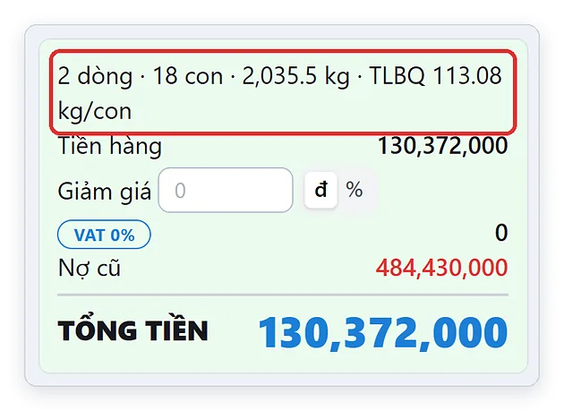 Tổng số con, tổng kg và TLBQ của hóa đơn bán heo hơi