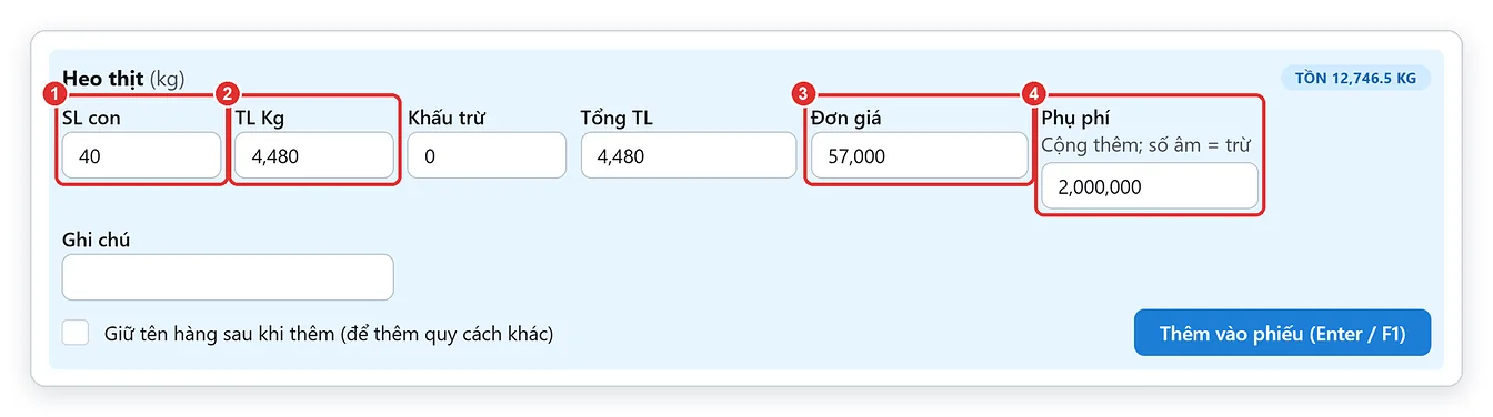 Nhập heo hơi từ trại: số con, trọng lượng, giá mua theo kg, phụ phí