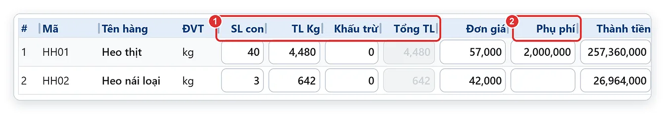 Phiếu nhập heo hơi trên TPSoft Web có số con, Tổng TL, phụ phí