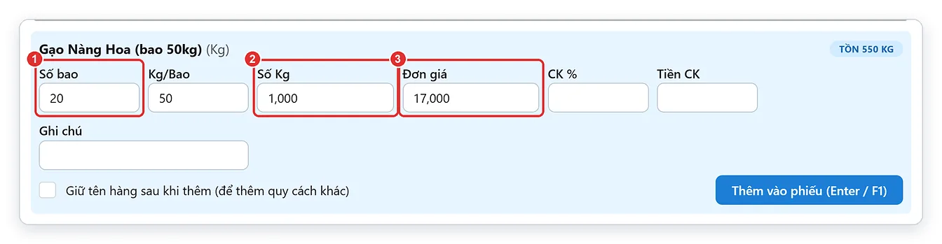 Nhập hàng lúa gạo theo số bao, đơn giá nhập theo ký