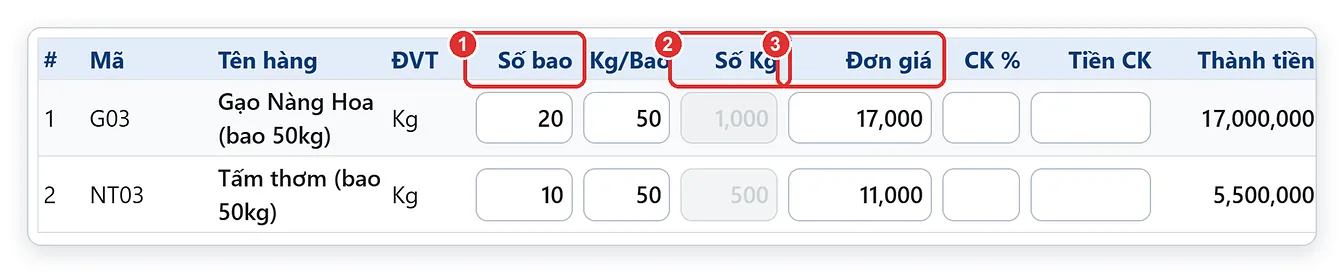 Phiếu nhập hàng của đại lý lúa gạo trên TPSoft Web