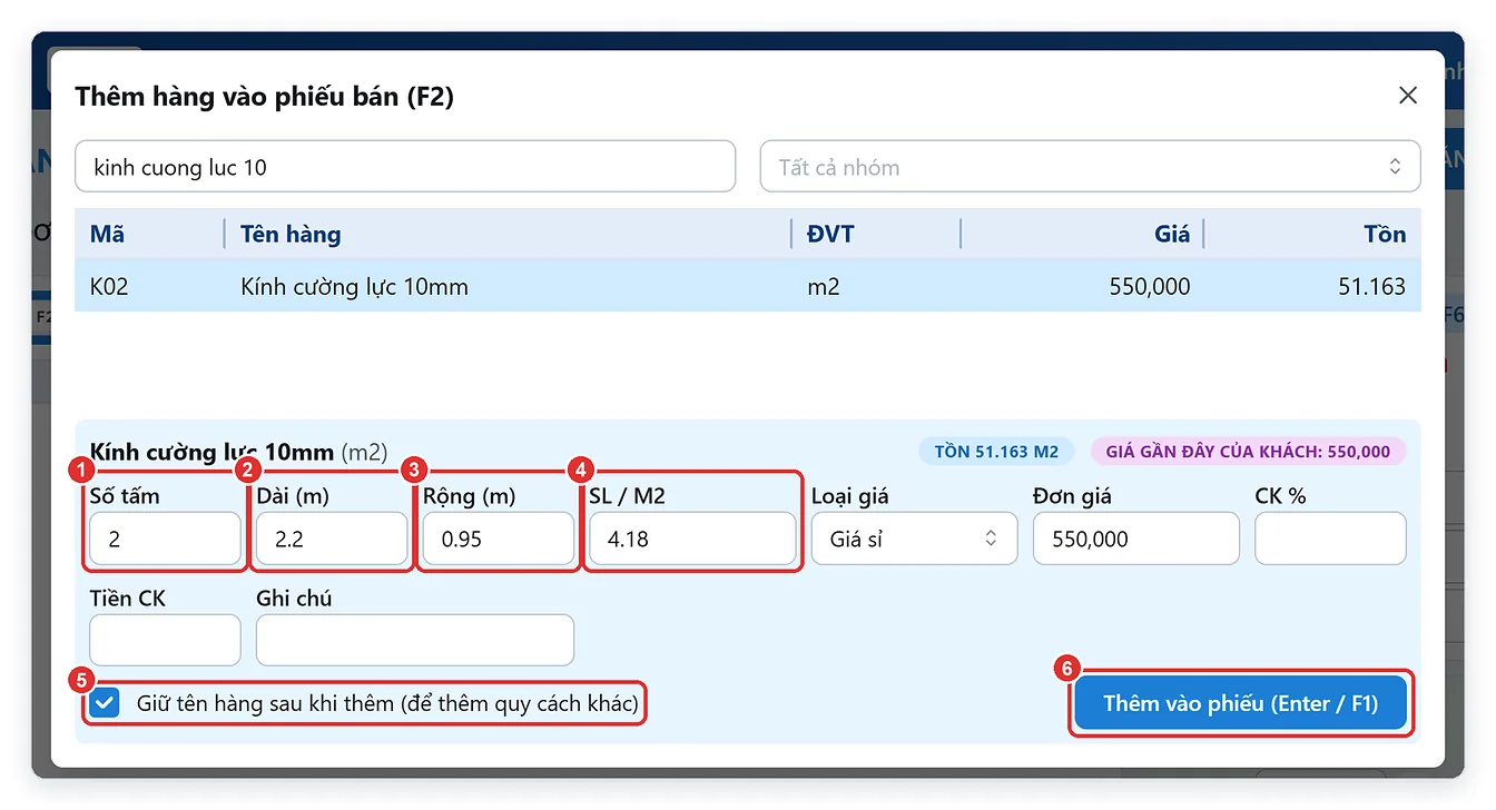 Bán kính theo quy cách số tấm, dài, rộng trong hộp thêm hàng F2 của TPSoft Web