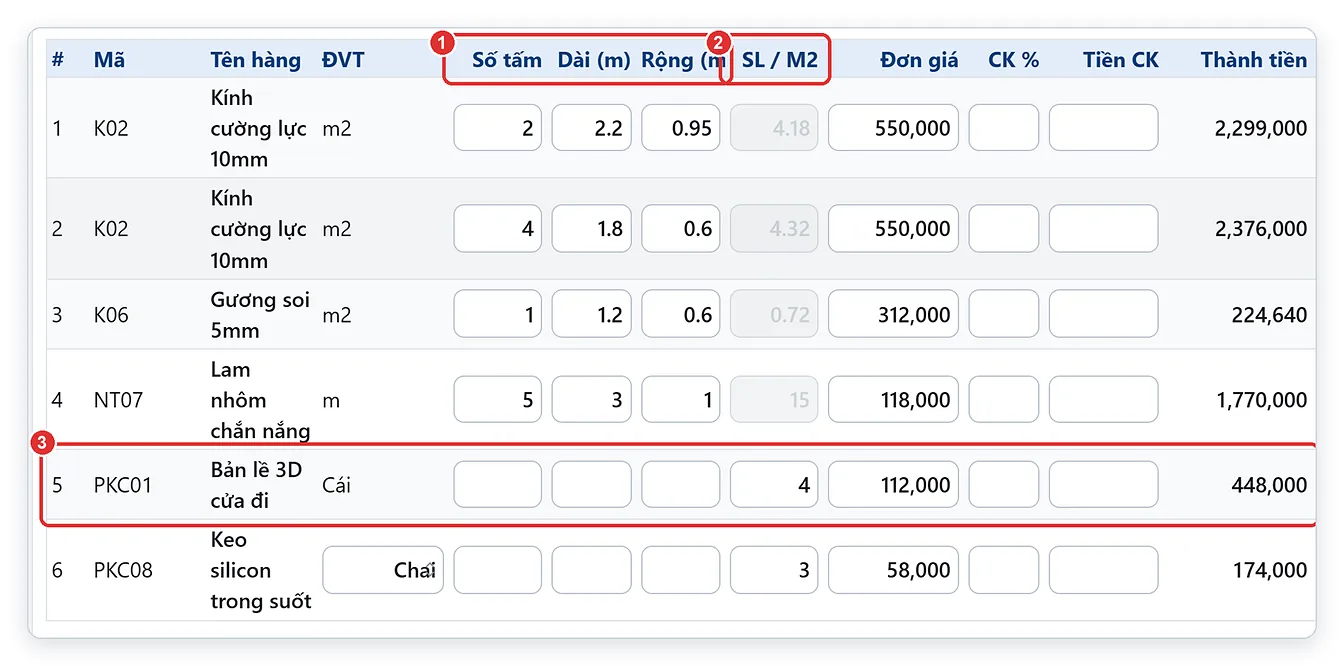 Phiếu bán hàng nhôm kính trên TPSoft Web có các cột số tấm, dài, rộng, m2