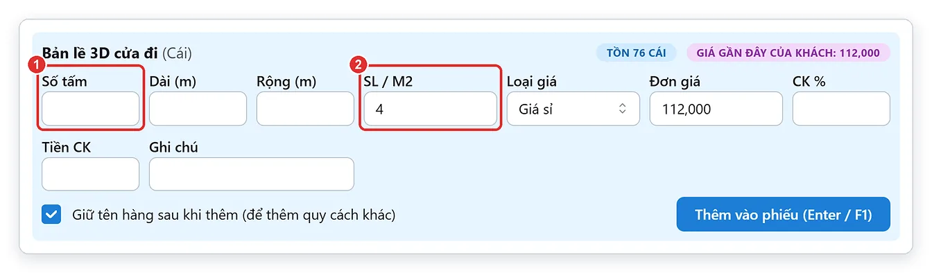 Bán phụ kiện nhôm kính: bỏ trống số tấm, gõ số lượng ở ô SL / M2