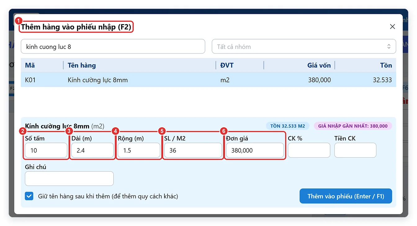 Nhập hàng kính theo quy cách số tấm dài rộng trên TPSoft Web