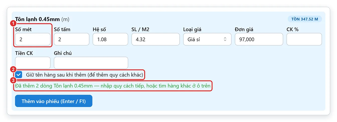 Nhập nhiều quy cách tôn cùng một tên hàng với ô Giữ tên hàng sau khi thêm