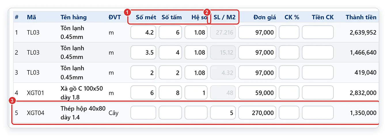 Phiếu bán hàng tôn sắt thép trên TPSoft Web có các cột Số mét, Số tấm, Hệ số