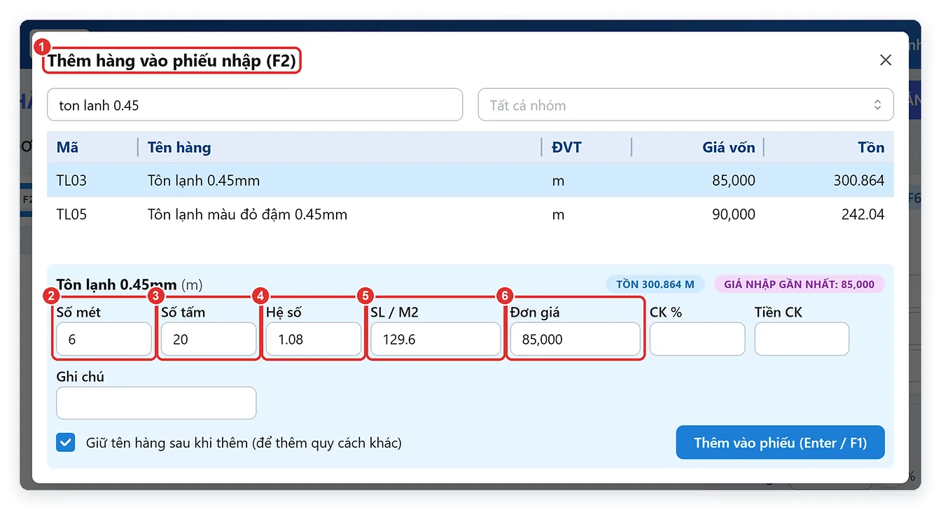 Nhập hàng tôn theo quy cách số mét số tấm hệ số trên TPSoft Web