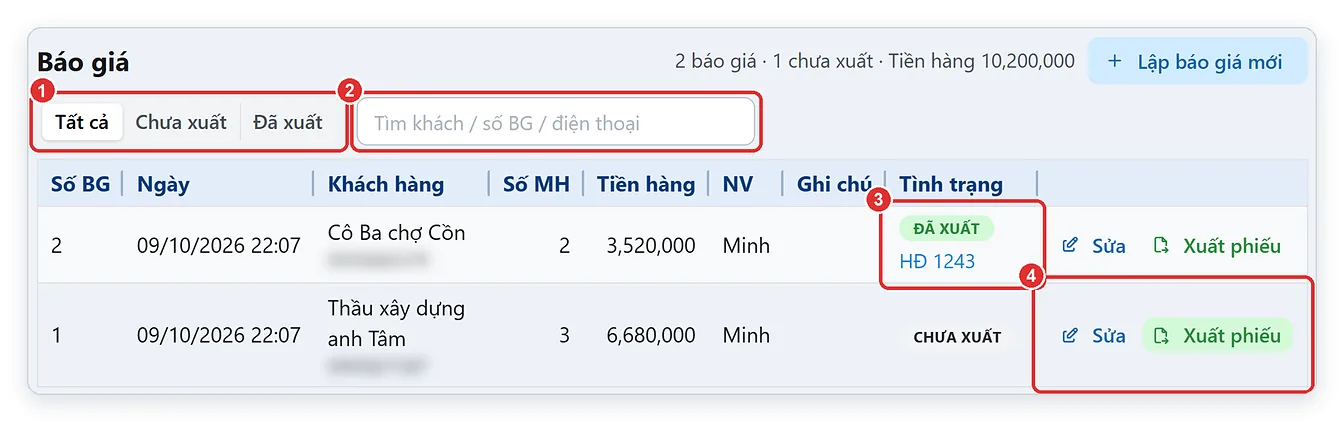 Danh sách báo giá đã lập, lọc báo giá chưa xuất, đã xuất