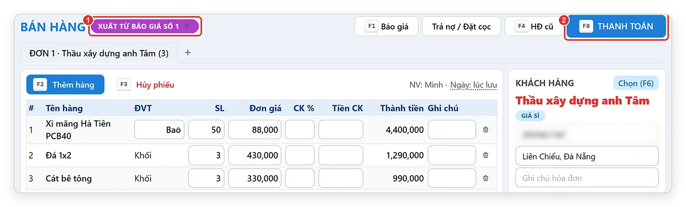 Chuyển báo giá thành hóa đơn bán hàng bằng nút Xuất phiếu