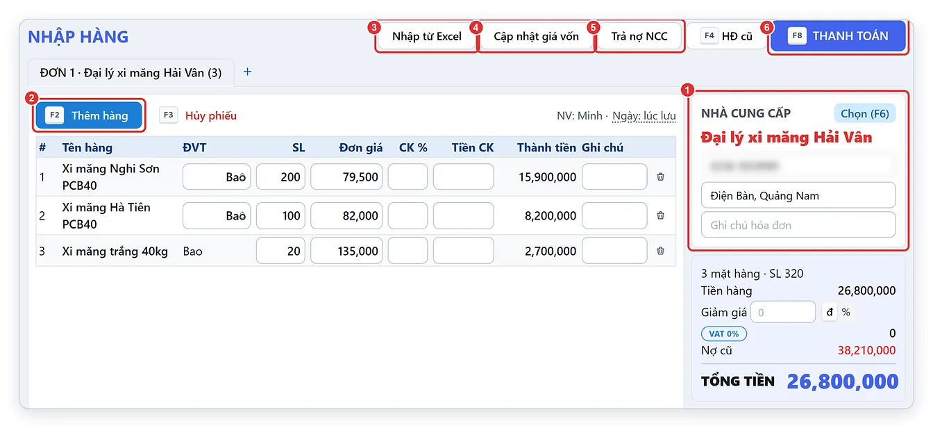 Màn hình nhập hàng từ nhà cung cấp trên phần mềm TPSoft Web