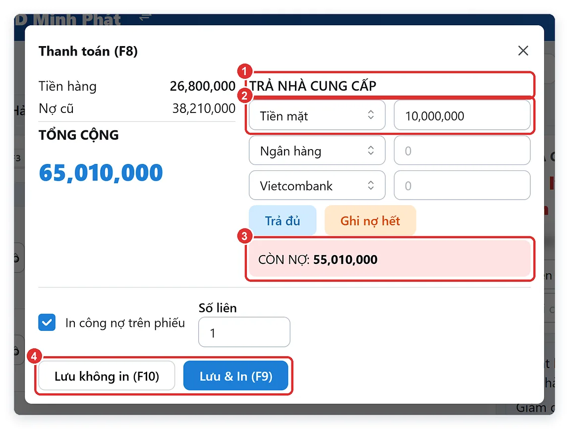 Thanh toán phiếu nhập hàng, trả tiền hoặc ghi nợ nhà cung cấp