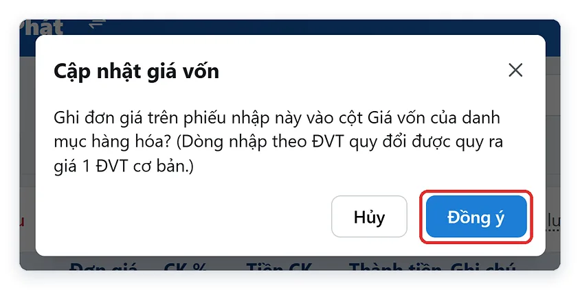 Cập nhật giá vốn hàng hóa theo đơn giá phiếu nhập
