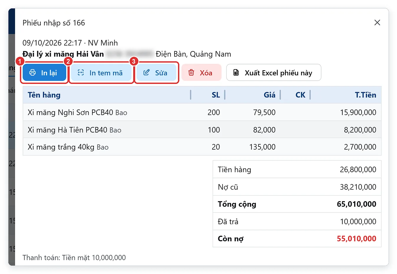 Chi tiết phiếu nhập hàng với nút In lại, In tem mã, Sửa