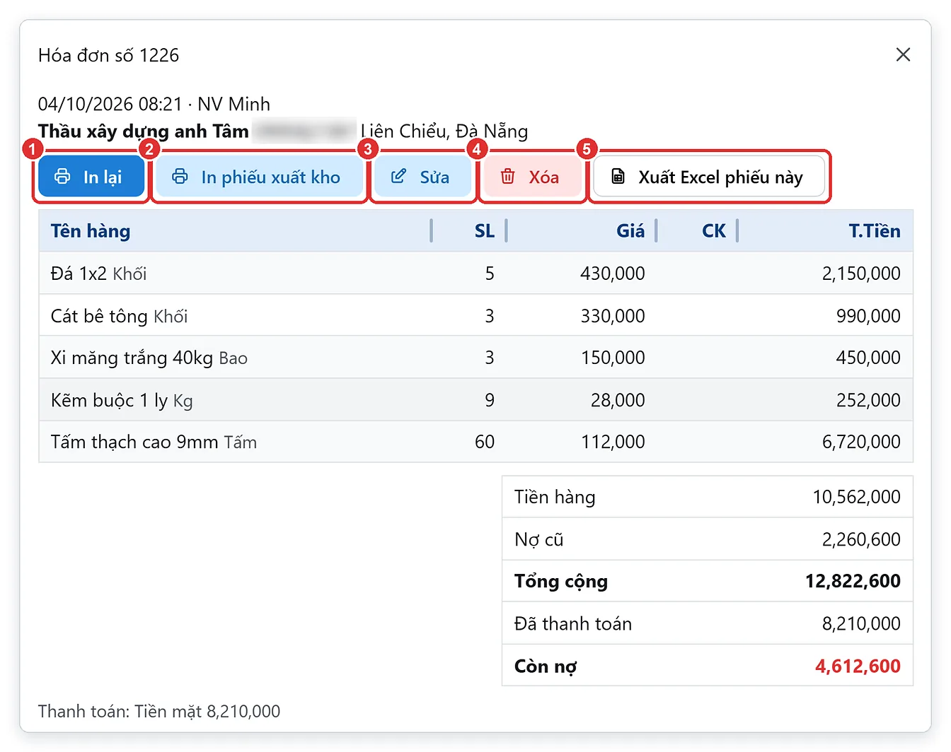 Khung chi tiết hóa đơn với nút In lại, Sửa, Xóa trên phần mềm TPSoft Web