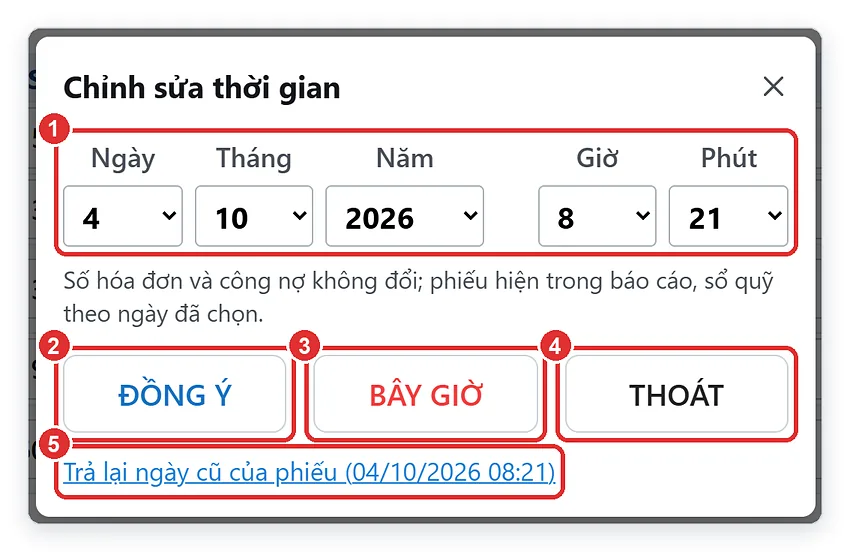 Hộp Chỉnh sửa thời gian để chỉnh ngày giờ hóa đơn trên TPSoft Web