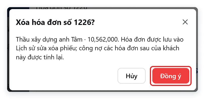Hộp xác nhận xóa hóa đơn bán hàng trên TPSoft Web