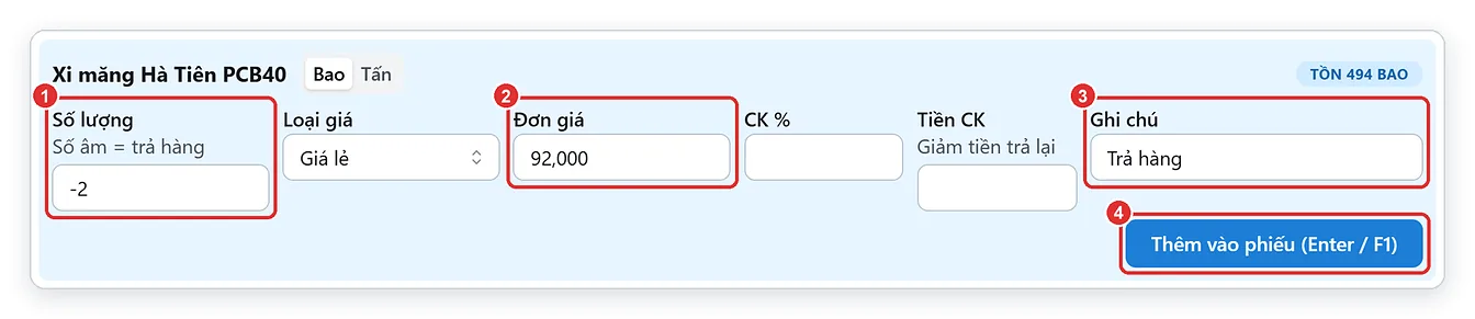 Thêm dòng hàng số lượng âm khi khách trả hàng trên TPSoft Web