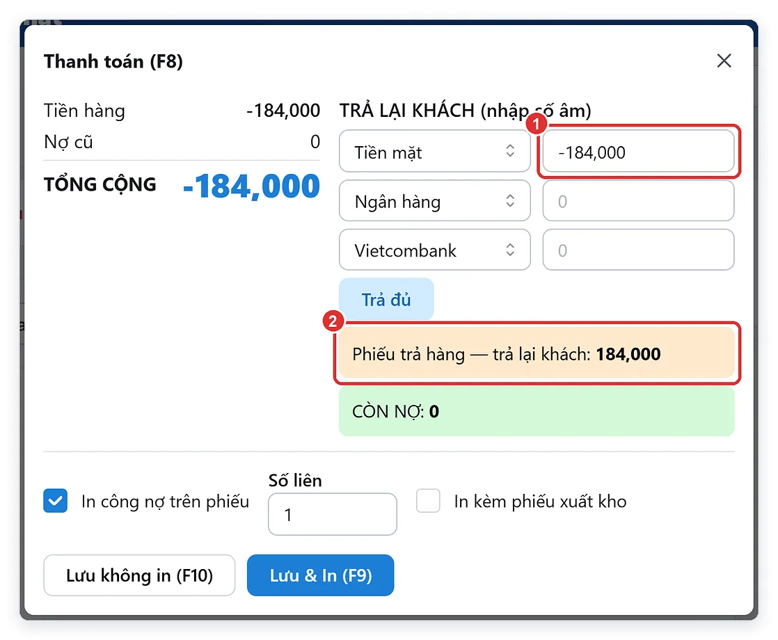 Hộp thanh toán phiếu khách trả hàng, trả lại tiền cho khách
