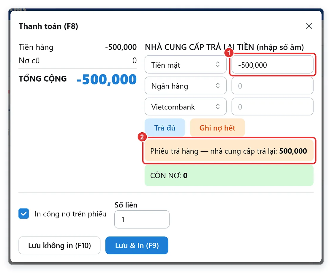 Trả hàng nhà cung cấp bằng phiếu nhập số lượng âm trên TPSoft Web