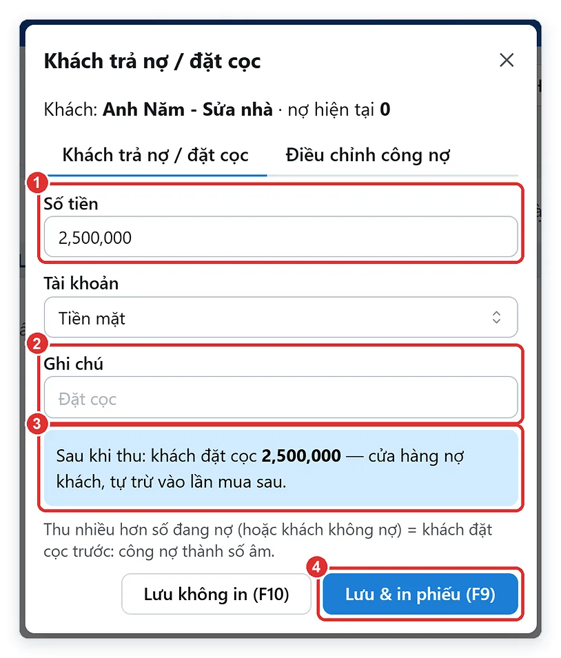 Ghi tiền khách đặt cọc trước trên phần mềm bán hàng TPSoft Web