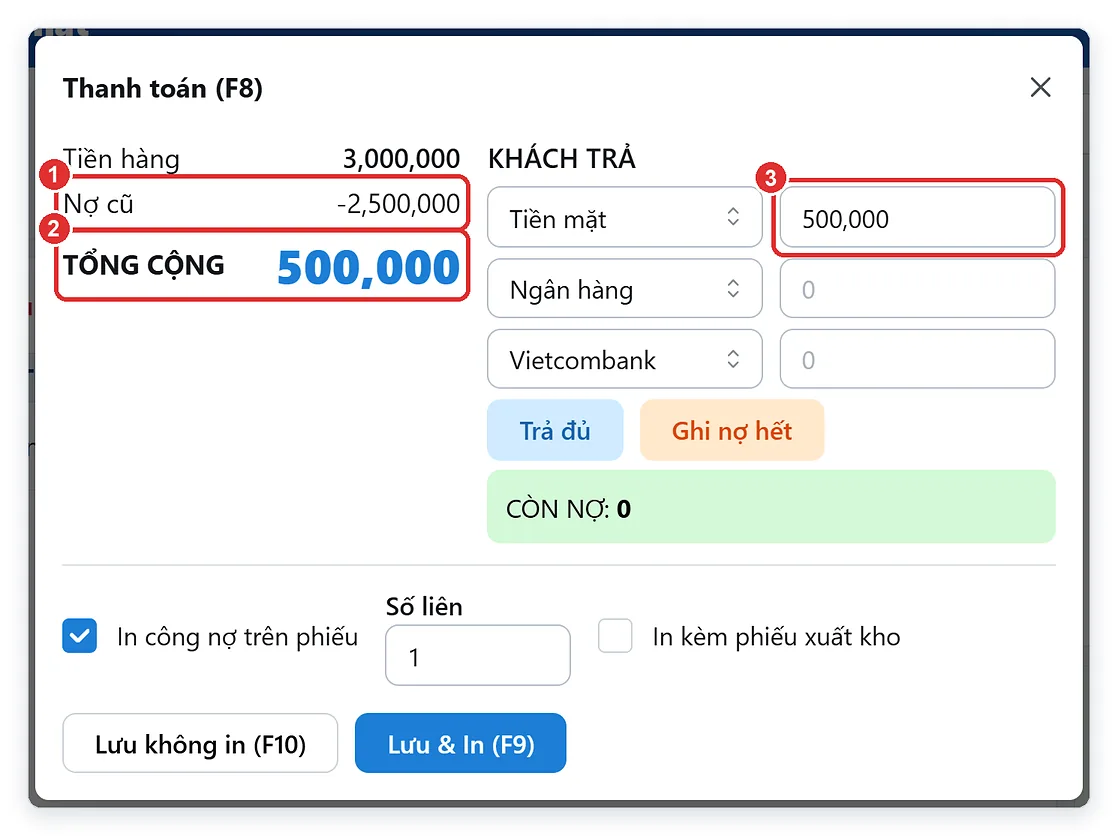 Hóa đơn tự trừ tiền đặt cọc của khách vào tổng cộng