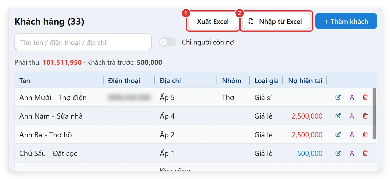 Nút Xuất Excel và Nhập từ Excel ở danh sách khách hàng TPSoft Web