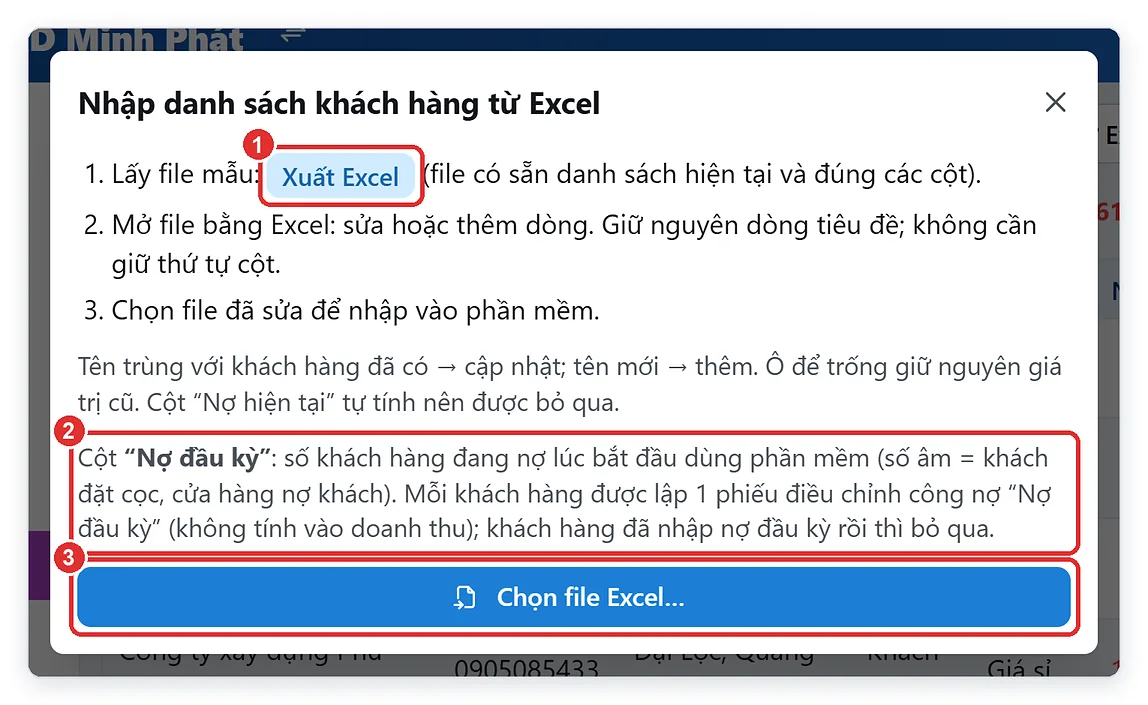 Hộp nhập danh sách khách hàng từ Excel kèm nợ đầu kỳ