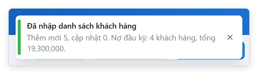 Thông báo đã nhập nợ đầu kỳ khách hàng thành công