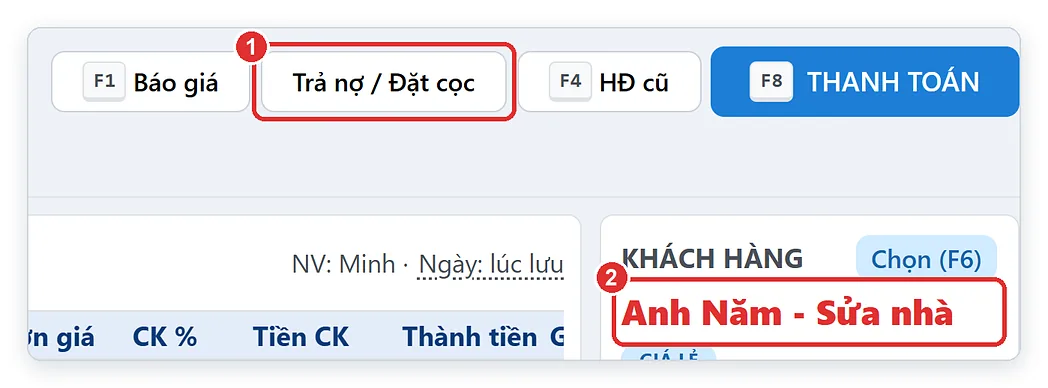 Nút Trả nợ / Đặt cọc trên màn hình bán hàng TPSoft Web