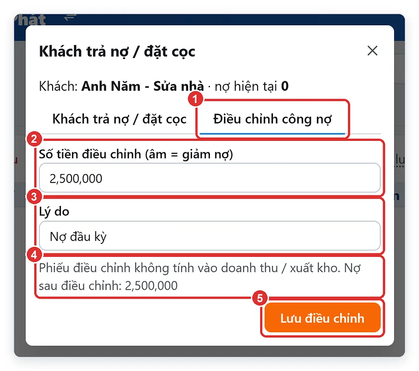 Điều chỉnh công nợ khách hàng: nhập nợ đầu kỳ cho từng khách