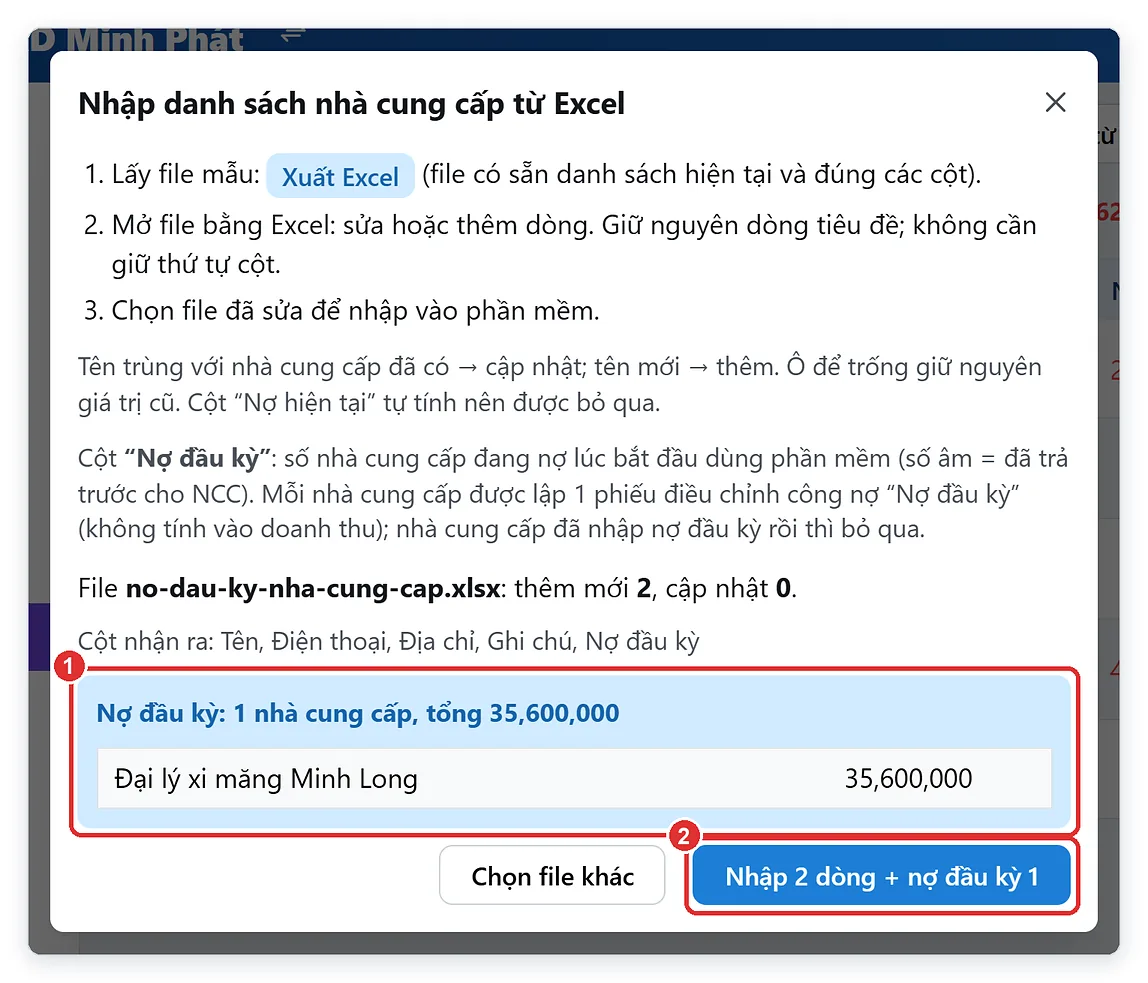 Nhập nợ đầu kỳ nhà cung cấp từ file Excel
