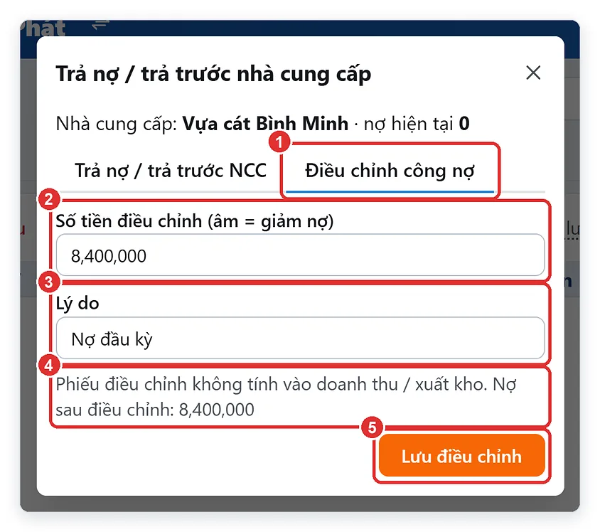 Điều chỉnh công nợ nhà cung cấp trên TPSoft Web