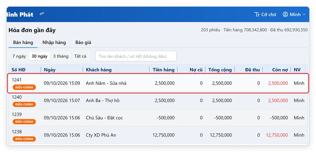Danh sách phiếu điều chỉnh công nợ trong mục Hóa đơn