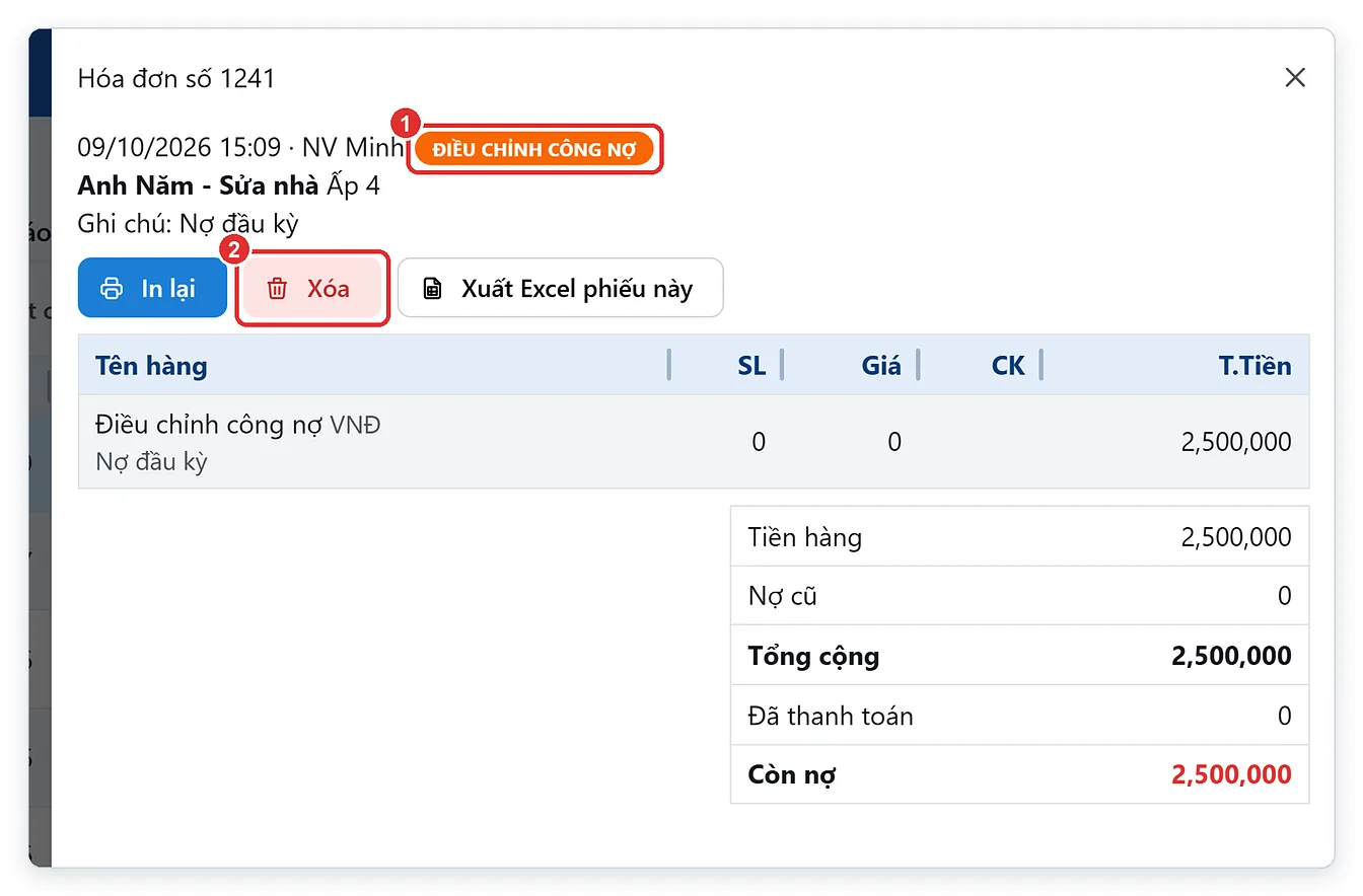 Chi tiết phiếu điều chỉnh công nợ và nút Xóa