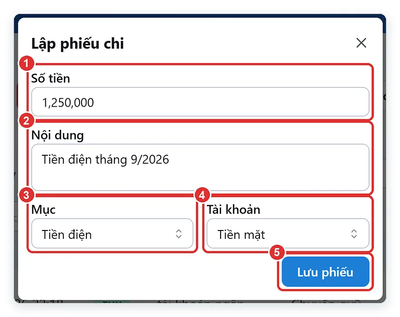 Lập phiếu chi tiền điện trên phần mềm TPSoft Web